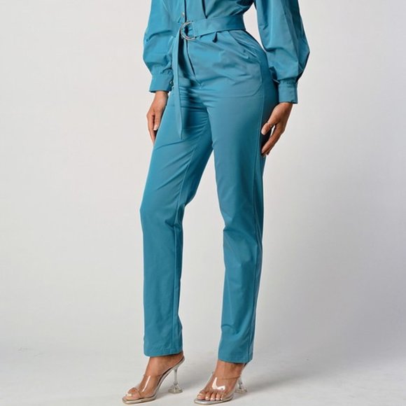 Teal Blue Belted Utility Jumpsuit - Picture 4 of 12